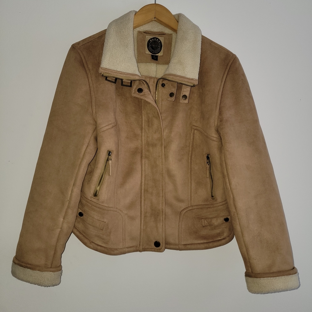 Giacca Beige Teddy Jacket Faux Suede Sherpa Lined Moto Style Vintage Large